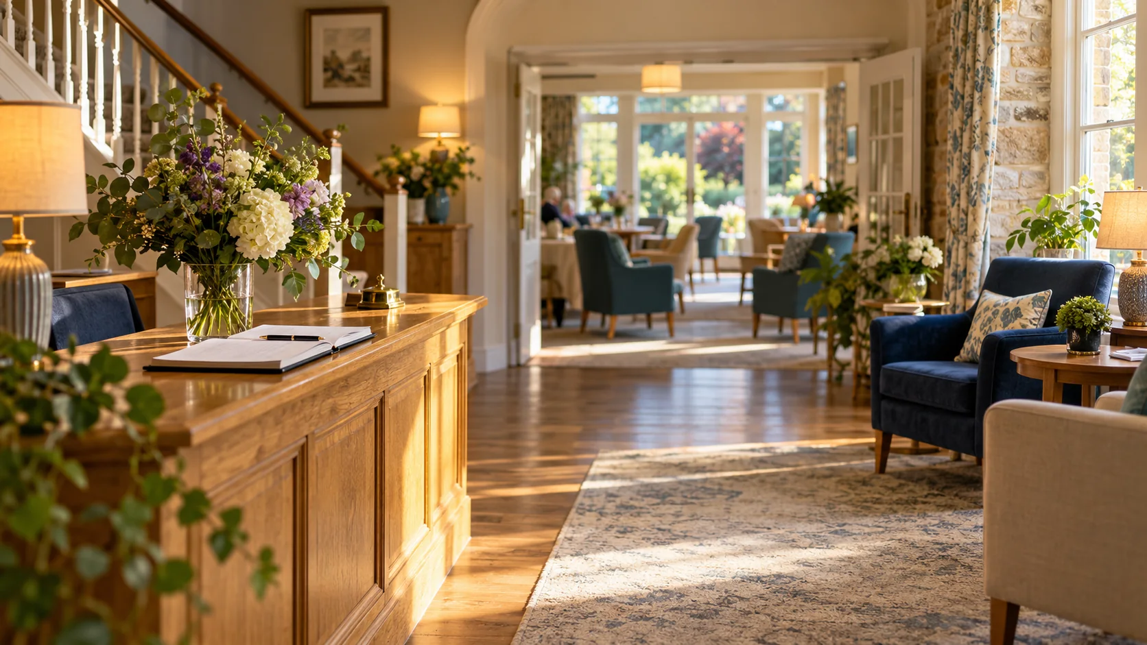 Sunlit lounge with comfortable navy armchairs, soft furnishings and garden views