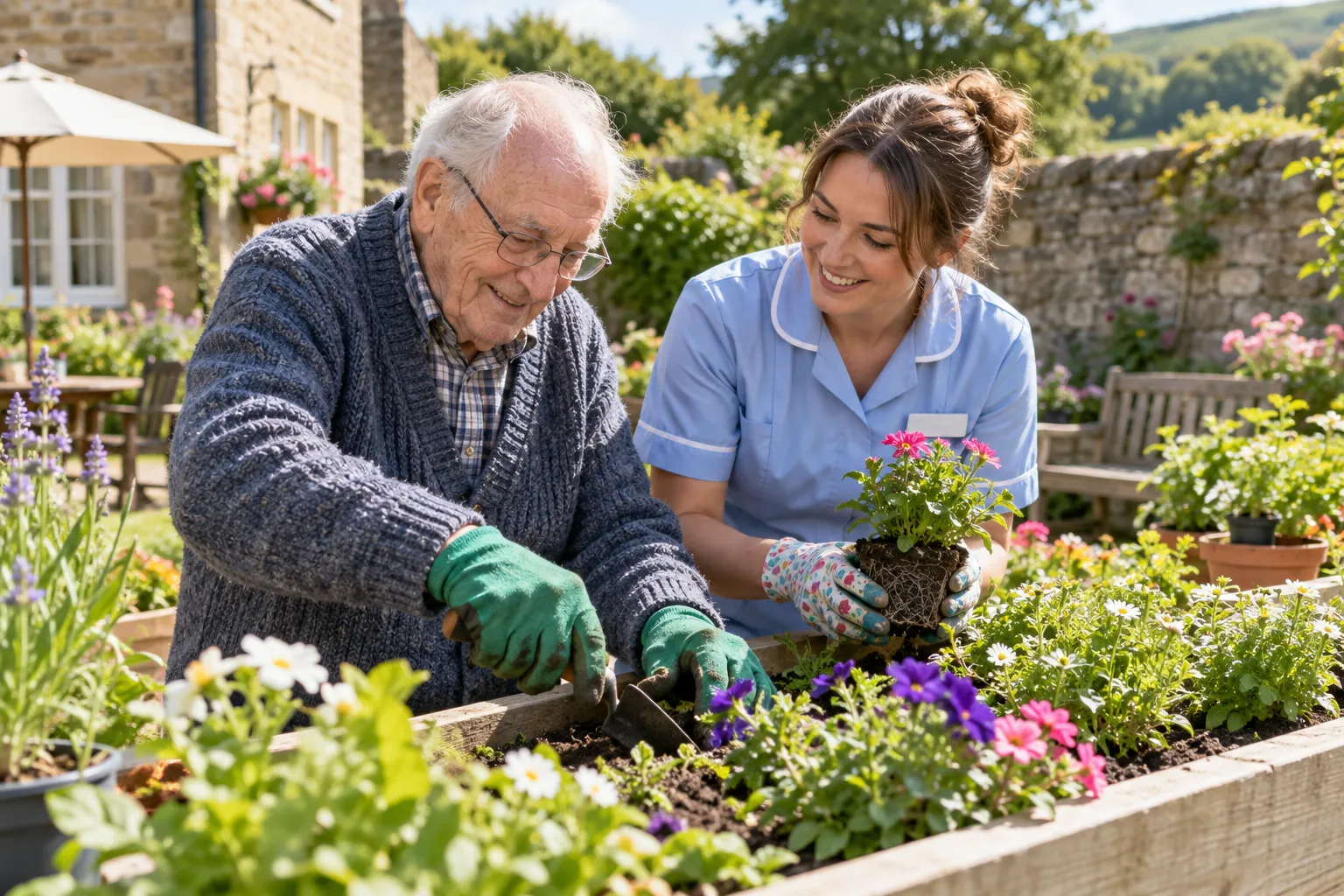 Peaceful care home garden with seating beside planted borders