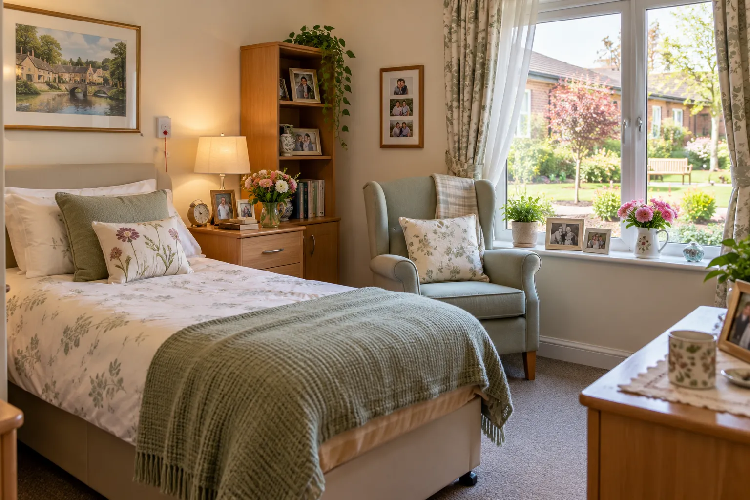 Comfortable care home bedroom with a neatly made bed, warm fabrics and natural light