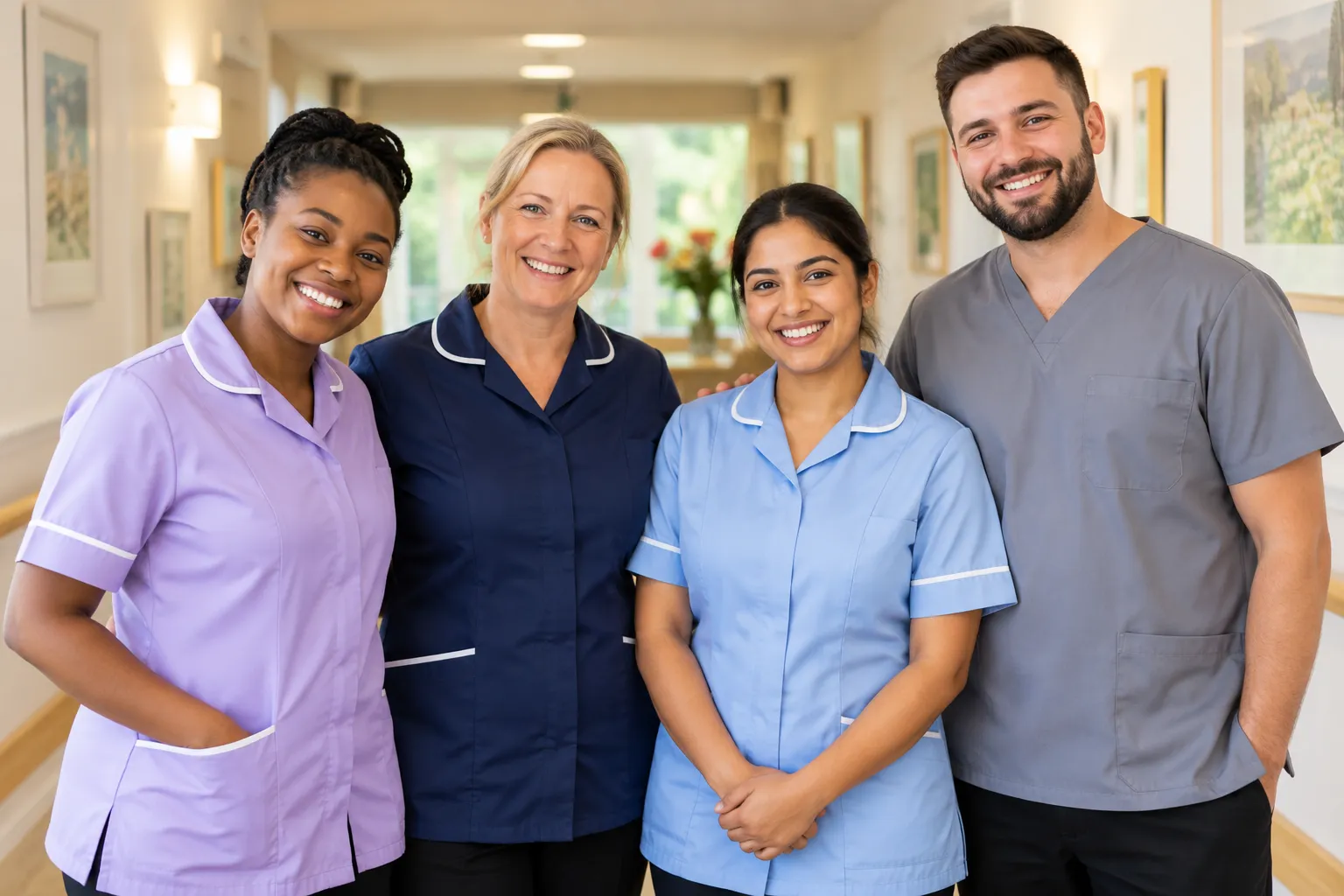 Care team chatting together in a bright and welcoming staff area